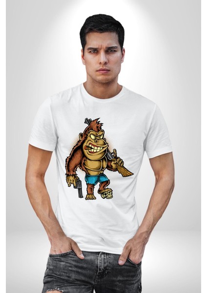 Teksaslı Savaşçı Goril Kadın Erkek Ön Baskılı Beyaz Pamuklu Tişört Penye Klasik indirimleri