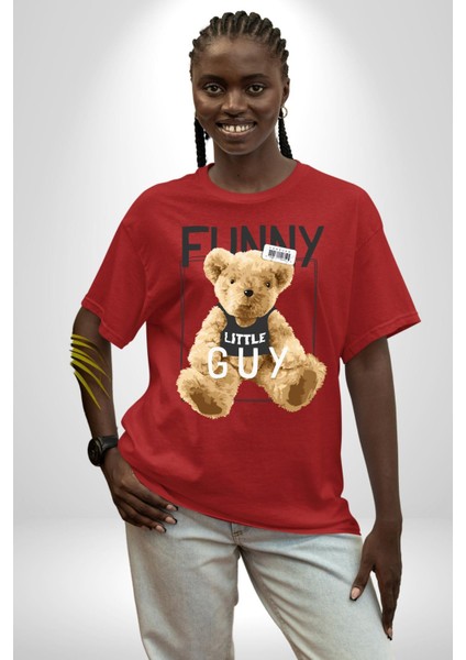 Atletli Sporcu Tatlı Oyuncak Ayı Kadın Erkek Ön Baskılı Kırmızı Pamuklu Tişört Penye Klasik