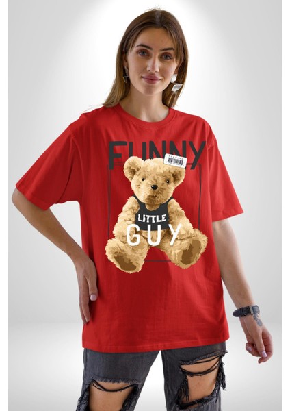 Atletli Sporcu Tatlı Oyuncak Ayı Kadın Erkek Ön Baskılı Kırmızı Pamuklu Tişört Penye Klasik fırsatları