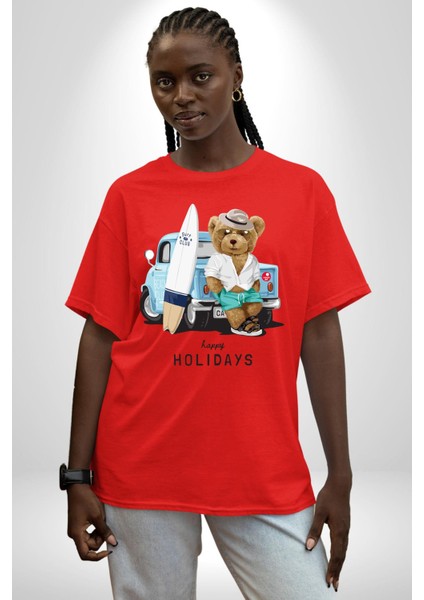 Sörfçü Arabalı Tatlı Oyuncak Ayı Kadın Erkek Ön Baskılı Kırmızı Pamuklu Tişört Penye Klasik