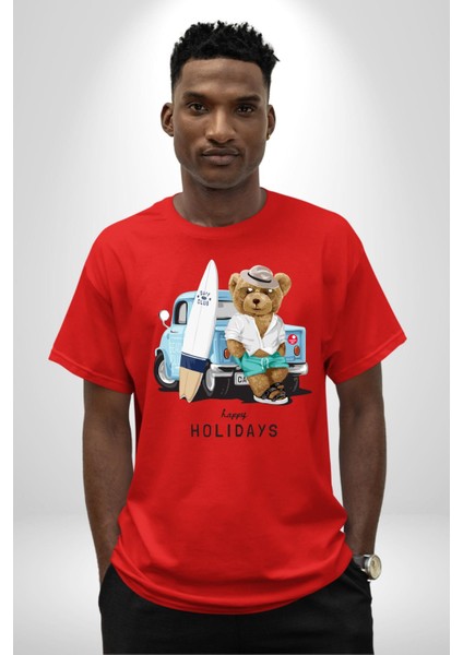 Sörfçü Arabalı Tatlı Oyuncak Ayı Kadın Erkek Ön Baskılı Kırmızı Pamuklu Tişört Penye Klasik fiyatları