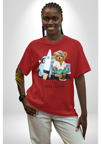 Sörfçü Arabalı Tatlı Oyuncak Ayı Kadın Erkek Ön Baskılı Kırmızı Pamuklu Tişört Penye Klasik modelleri