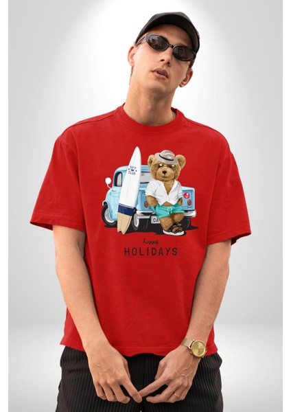 Sörfçü Arabalı Tatlı Oyuncak Ayı Kadın Erkek Ön Baskılı Kırmızı Pamuklu Tişört Penye Klasik fırsatları