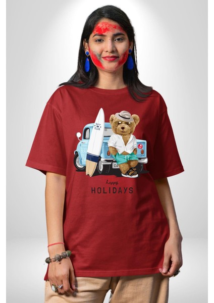 Sörfçü Arabalı Tatlı Oyuncak Ayı Kadın Erkek Ön Baskılı Kırmızı Pamuklu Tişört Penye Klasik indirimleri
