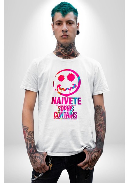 Gülen Rengarenk Surat Kadın Erkek Ön Baskılı Beyaz Pamuklu Tişört Penye Klasik