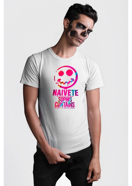 Gülen Rengarenk Surat Kadın Erkek Ön Baskılı Beyaz Pamuklu Tişört Penye Klasik fiyatları