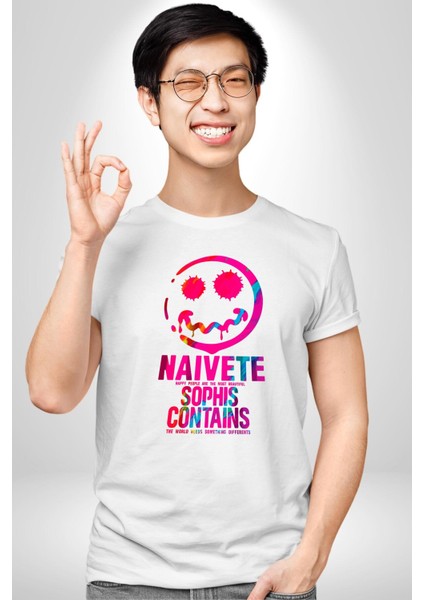 Gülen Rengarenk Surat Kadın Erkek Ön Baskılı Beyaz Pamuklu Tişört Penye Klasik modelleri