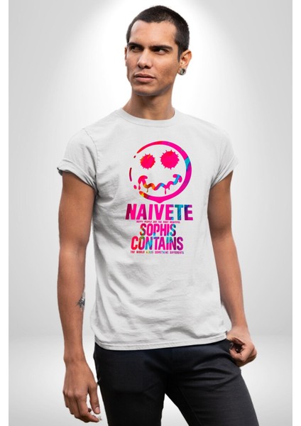 Gülen Rengarenk Surat Kadın Erkek Ön Baskılı Beyaz Pamuklu Tişört Penye Klasik indirimleri