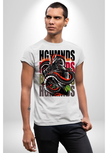 Italyan Motoru ve Ejderha Kadın Erkek Ön Baskılı Beyaz Pamuklu Tişört Penye Klasik