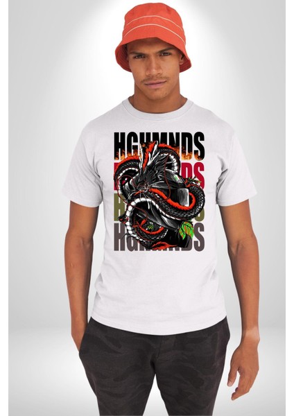 Italyan Motoru ve Ejderha Kadın Erkek Ön Baskılı Beyaz Pamuklu Tişört Penye Klasik modelleri