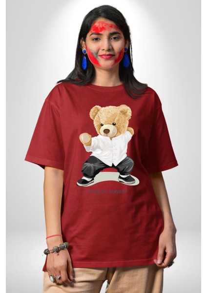 Kung Fu Ustası Oyuncak Ayı Kadın Erkek Ön Baskılı Kırmızı Pamuklu Tişört Penye Klasik