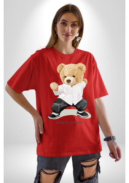 Kung Fu Ustası Oyuncak Ayı Kadın Erkek Ön Baskılı Kırmızı Pamuklu Tişört Penye Klasik fiyatları
