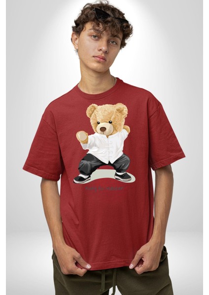 Kung Fu Ustası Oyuncak Ayı Kadın Erkek Ön Baskılı Kırmızı Pamuklu Tişört Penye Klasik modelleri