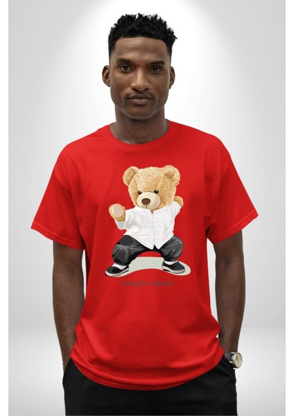 Kung Fu Ustası Oyuncak Ayı Kadın Erkek Ön Baskılı Kırmızı Pamuklu Tişört Penye Klasik indirimleri