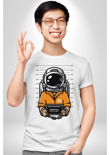 Suçlu Uzay Astronotu Sabıka Fotoğrafı Kadın Erkek Ön Baskılı Beyaz Pamuklu Tişört Penye Klasik