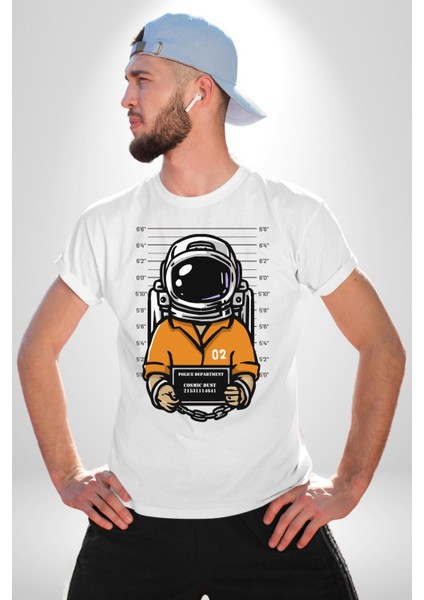 Suçlu Uzay Astronotu Sabıka Fotoğrafı Kadın Erkek Ön Baskılı Beyaz Pamuklu Tişört Penye Klasik fırsatları
