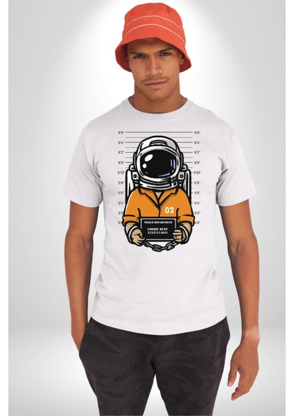 Suçlu Uzay Astronotu Sabıka Fotoğrafı Kadın Erkek Ön Baskılı Beyaz Pamuklu Tişört Penye Klasik indirimleri
