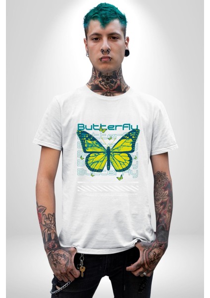Kelebek Sokak Tarzı Kadın Erkek Ön Baskılı Beyaz Pamuklu Tişört Penye Klasik modelleri