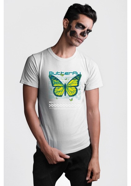 Kelebek Sokak Tarzı Kadın Erkek Ön Baskılı Beyaz Pamuklu Tişört Penye Klasik fırsatları