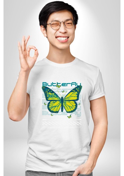 Kelebek Sokak Tarzı Kadın Erkek Ön Baskılı Beyaz Pamuklu Tişört Penye Klasik indirimleri