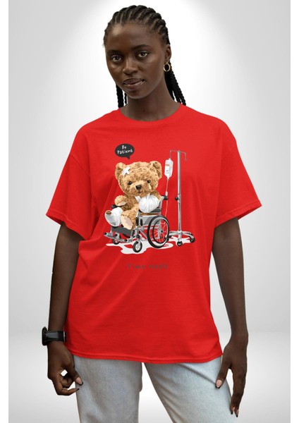 Zaman Oyuncak Ayı Kadın Erkek Ön Baskılı Kırmızı Pamuklu Tişört Penye Klasik