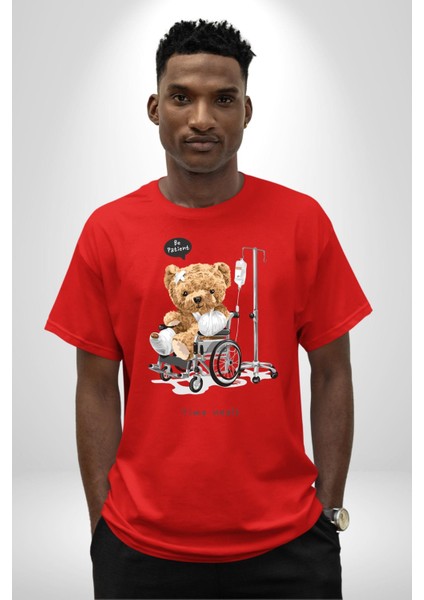 Zaman Oyuncak Ayı Kadın Erkek Ön Baskılı Kırmızı Pamuklu Tişört Penye Klasik fiyatları