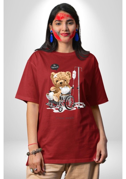 Zaman Oyuncak Ayı Kadın Erkek Ön Baskılı Kırmızı Pamuklu Tişört Penye Klasik indirimleri