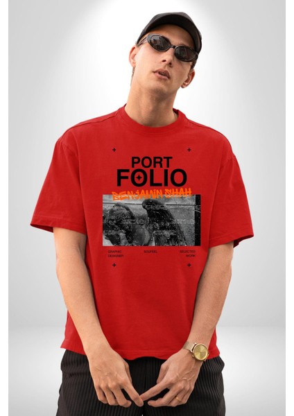 Modern Art Portfolio Design Kadın Erkek Ön Baskılı Kırmızı Pamuklu Tişört Penye Klasik