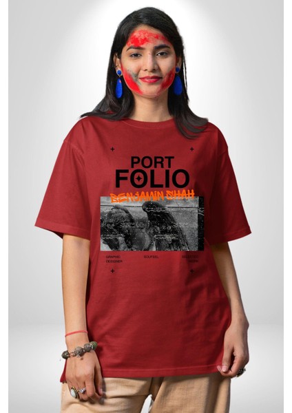 Modern Art Portfolio Design Kadın Erkek Ön Baskılı Kırmızı Pamuklu Tişört Penye Klasik fiyatları