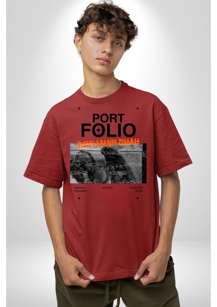 Modern Art Portfolio Design Kadın Erkek Ön Baskılı Kırmızı Pamuklu Tişört Penye Klasik fırsatları