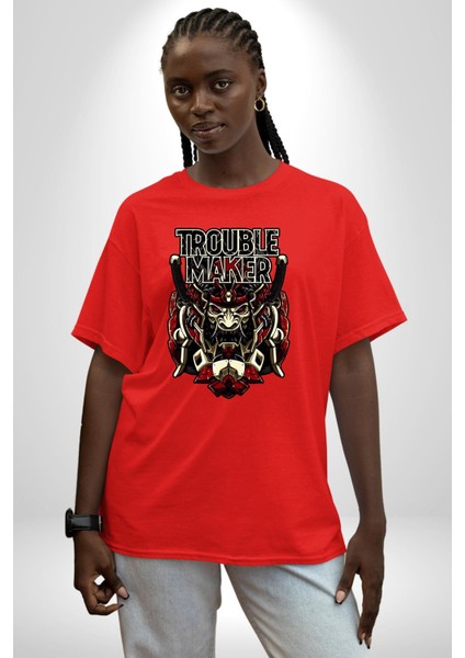 Sorun Çıkaran Japon Samuray Kadın Erkek Ön Baskılı Kırmızı Pamuklu Tişört Penye Klasik