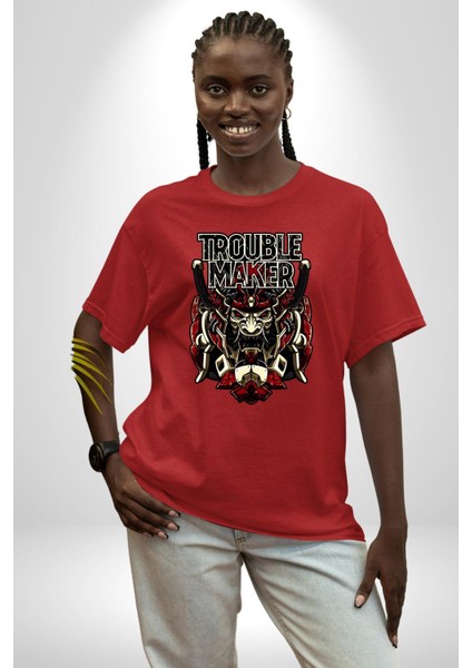 Sorun Çıkaran Japon Samuray Kadın Erkek Ön Baskılı Kırmızı Pamuklu Tişört Penye Klasik modelleri