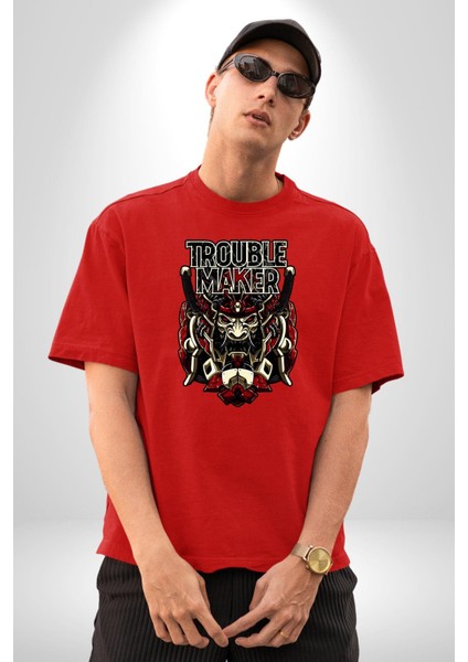 Sorun Çıkaran Japon Samuray Kadın Erkek Ön Baskılı Kırmızı Pamuklu Tişört Penye Klasik fırsatları