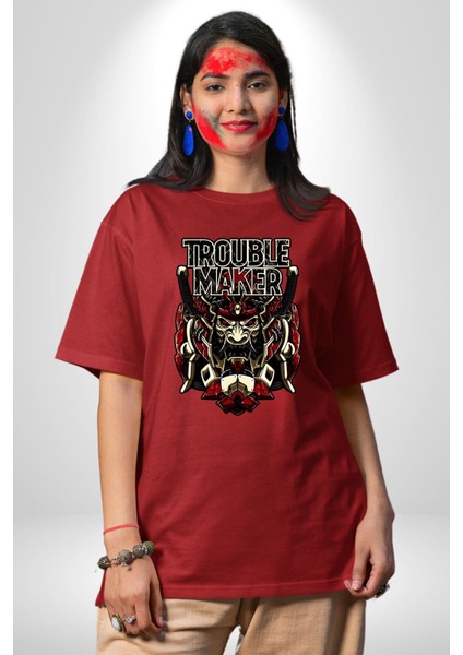 Sorun Çıkaran Japon Samuray Kadın Erkek Ön Baskılı Kırmızı Pamuklu Tişört Penye Klasik indirimleri