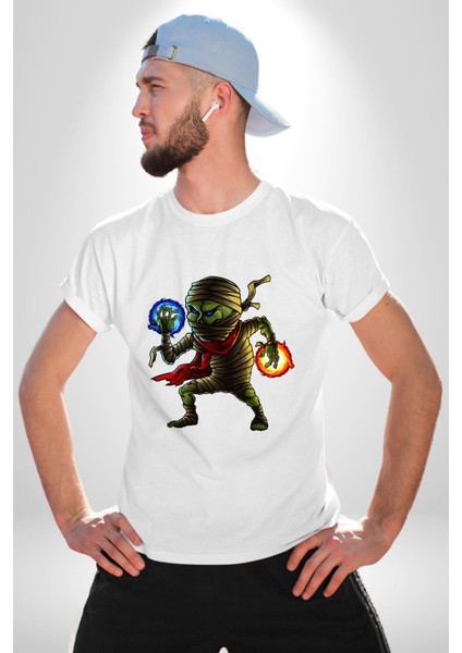 Büyücü Mumya Karakter Kadın Erkek Ön Baskılı Beyaz Pamuklu Tişört Penye Klasik