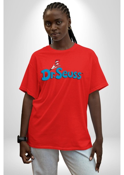 Dr.seuss Komik Şapka Logo Kadın Erkek Ön Baskılı Kırmızı Pamuklu Tişört Penye Klasik