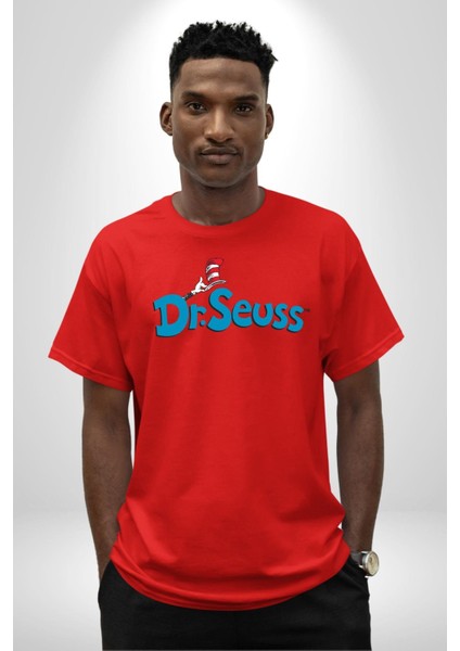 Dr.seuss Komik Şapka Logo Kadın Erkek Ön Baskılı Kırmızı Pamuklu Tişört Penye Klasik fiyatları