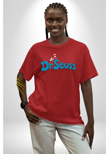 Dr.seuss Komik Şapka Logo Kadın Erkek Ön Baskılı Kırmızı Pamuklu Tişört Penye Klasik modelleri
