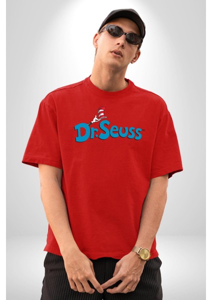 Dr.seuss Komik Şapka Logo Kadın Erkek Ön Baskılı Kırmızı Pamuklu Tişört Penye Klasik fırsatları