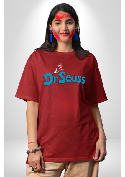 Dr.seuss Komik Şapka Logo Kadın Erkek Ön Baskılı Kırmızı Pamuklu Tişört Penye Klasik indirimleri