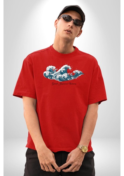 Büyük Japon Dalgaları Kadın Erkek Ön Baskılı Kırmızı Pamuklu Tişört Penye Klasik