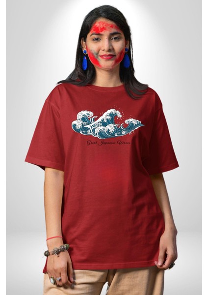 Büyük Japon Dalgaları Kadın Erkek Ön Baskılı Kırmızı Pamuklu Tişört Penye Klasik fiyatları