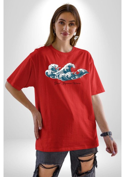 Büyük Japon Dalgaları Kadın Erkek Ön Baskılı Kırmızı Pamuklu Tişört Penye Klasik modelleri