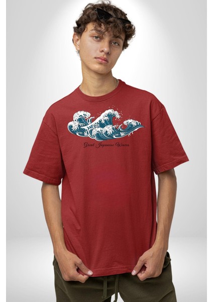 Büyük Japon Dalgaları Kadın Erkek Ön Baskılı Kırmızı Pamuklu Tişört Penye Klasik fırsatları