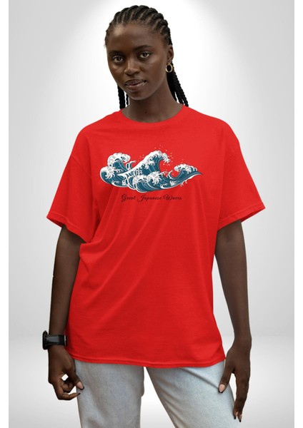 Büyük Japon Dalgaları Kadın Erkek Ön Baskılı Kırmızı Pamuklu Tişört Penye Klasik indirimleri