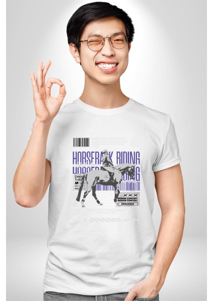 At Binme Sokak Tarzı Tasarım Kadın Erkek Ön Baskılı Beyaz Pamuklu Tişört Penye Klasik modelleri