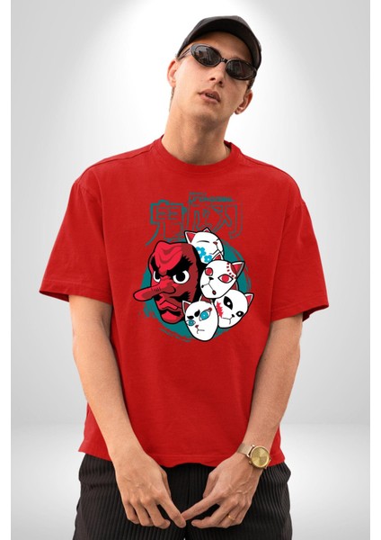 Demon Slayer Urokodaki Maskeler Anime Kadın Erkek Ön Baskılı Kırmızı Pamuklu Tişört Penye Klasik