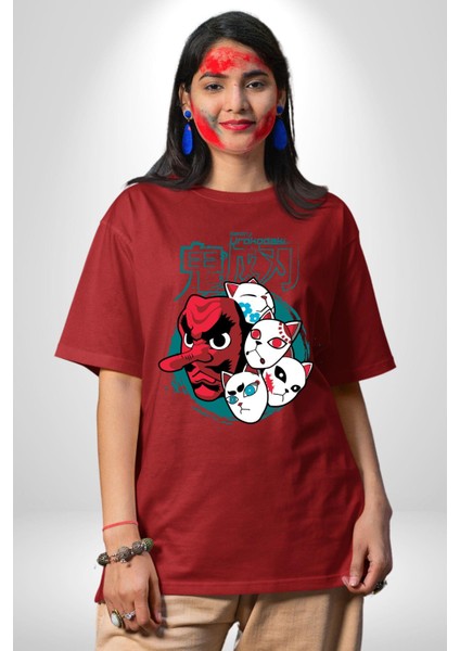 Demon Slayer Urokodaki Maskeler Anime Kadın Erkek Ön Baskılı Kırmızı Pamuklu Tişört Penye Klasik fiyatları