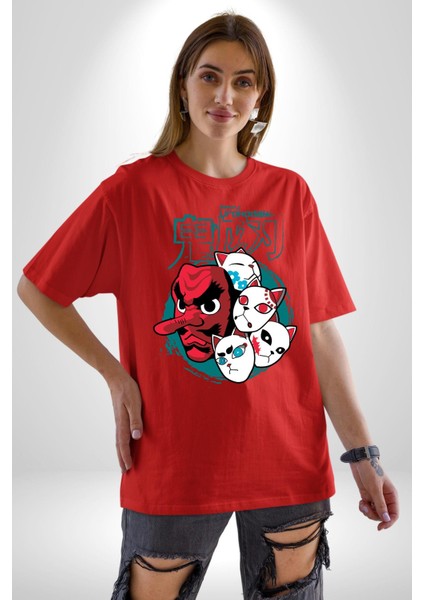 Demon Slayer Urokodaki Maskeler Anime Kadın Erkek Ön Baskılı Kırmızı Pamuklu Tişört Penye Klasik modelleri