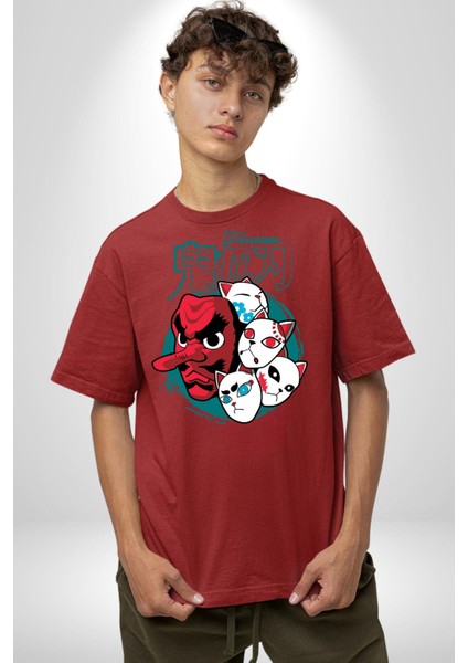 Demon Slayer Urokodaki Maskeler Anime Kadın Erkek Ön Baskılı Kırmızı Pamuklu Tişört Penye Klasik fırsatları